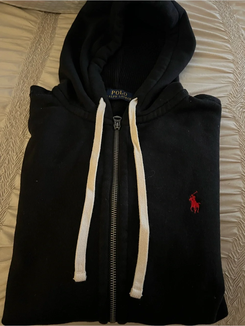 Polo by Ralph Lauren Black Zip-Up Hoodie with Red Pony and Cream Drawstrings